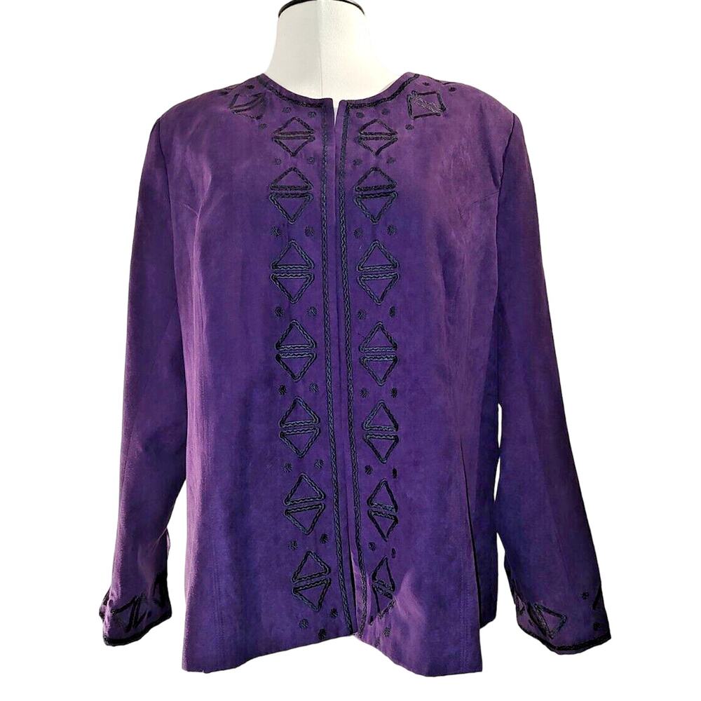 Scott Taylor Woman's Purple Suede Jacket Size 1X Embroidery Shoulder Pads Lined